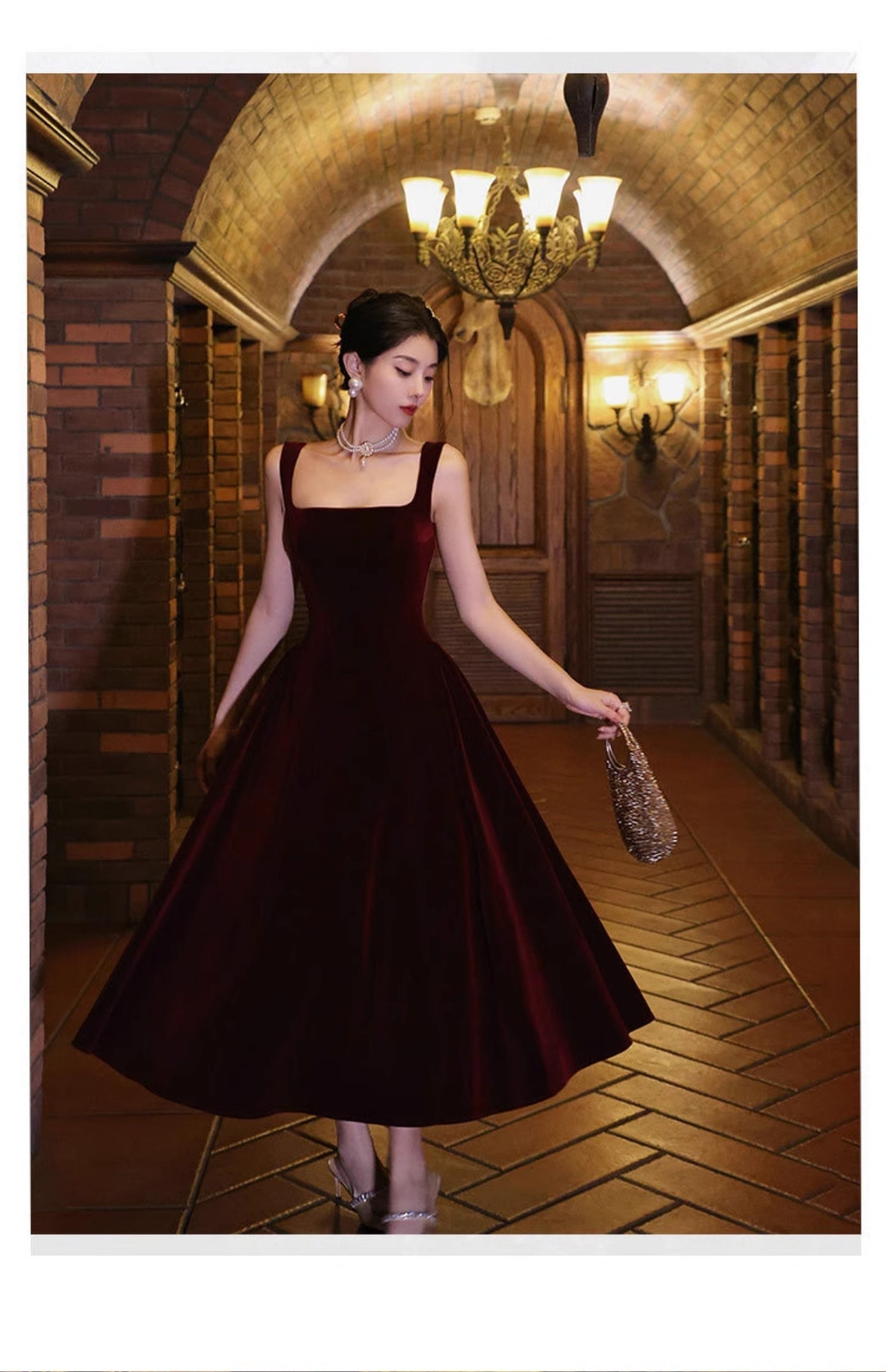 Französisches Retro-Burgunderrotes A-Linien-Samtkleid mit quadratischem Ausschnitt für Geburtstag und Abschlussfeier ED01193