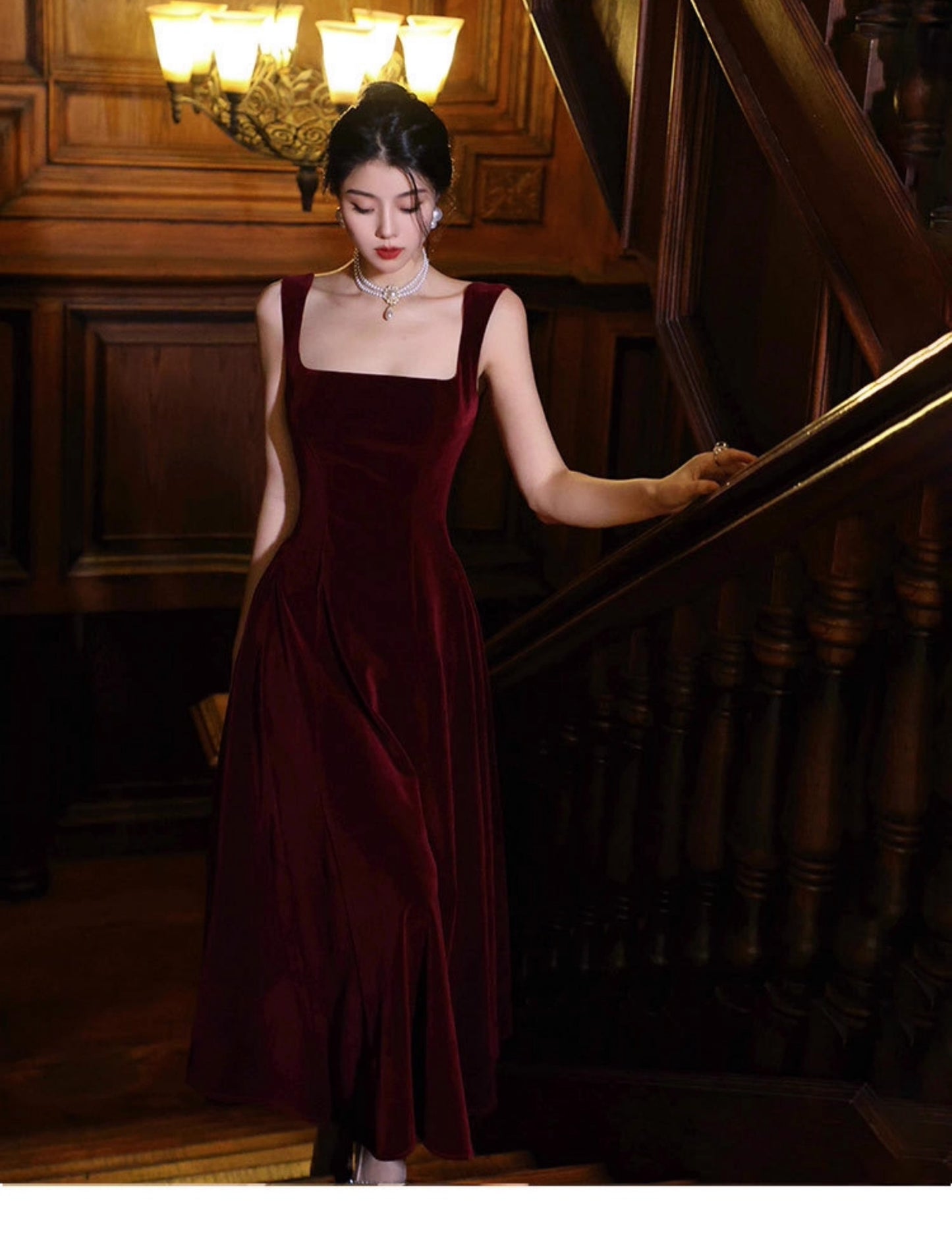 Französisches Retro-Burgunderrotes A-Linien-Samtkleid mit quadratischem Ausschnitt für Geburtstag und Abschlussfeier ED01193