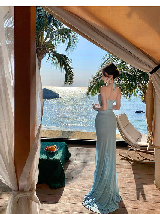 Light Blue Mermaid Halter Neck Long Prom dress Evening Dress ED01194