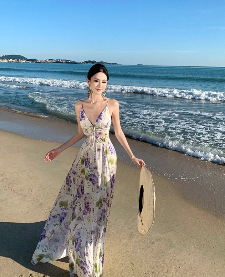 Robe vintage à bretelles et col en V, imprimée violette ED01195