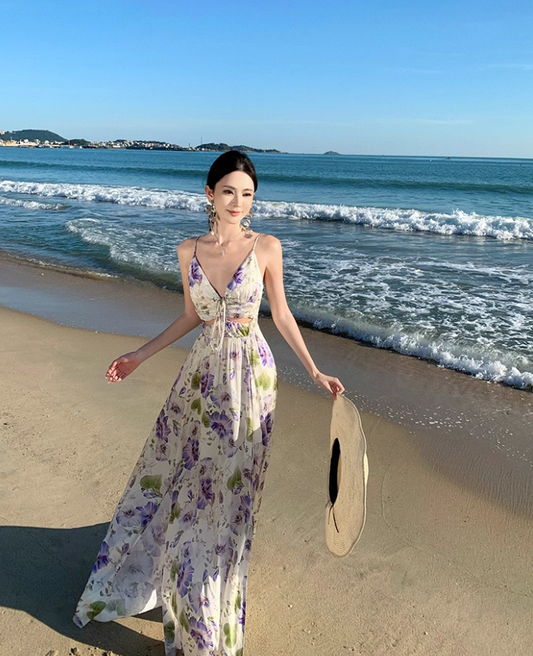 Vintage V-neck purple printed suspender dress ED01195