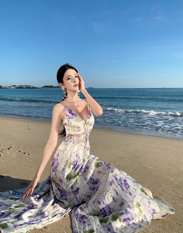 Robe vintage à bretelles et col en V, imprimée violette ED01195