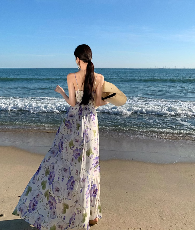 Robe vintage à bretelles et col en V, imprimée violette ED01195