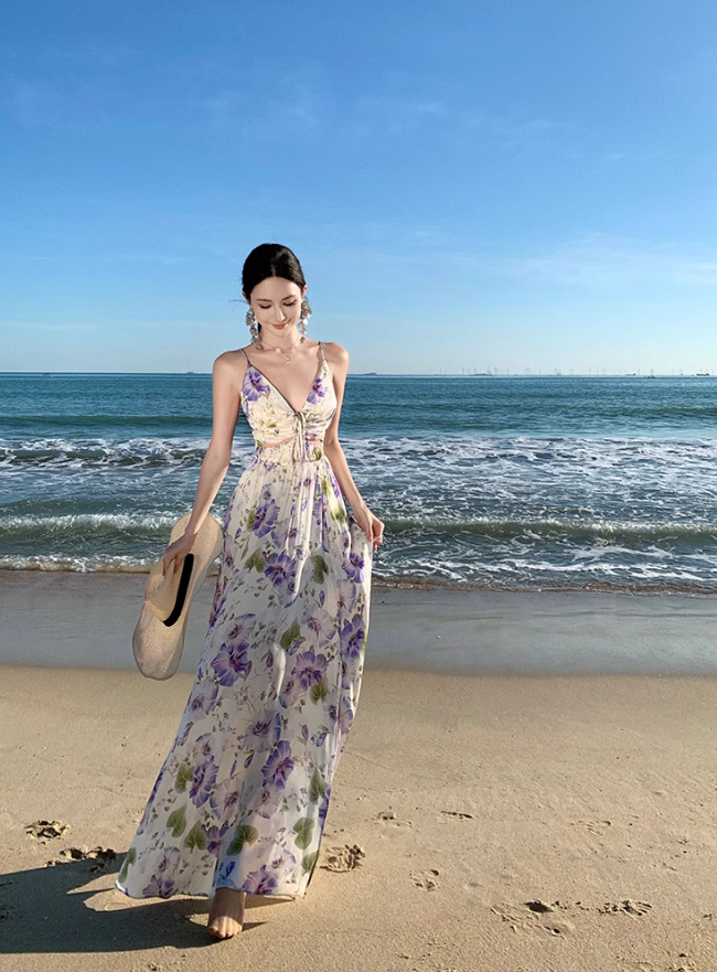 Robe vintage à bretelles et col en V, imprimée violette ED01195