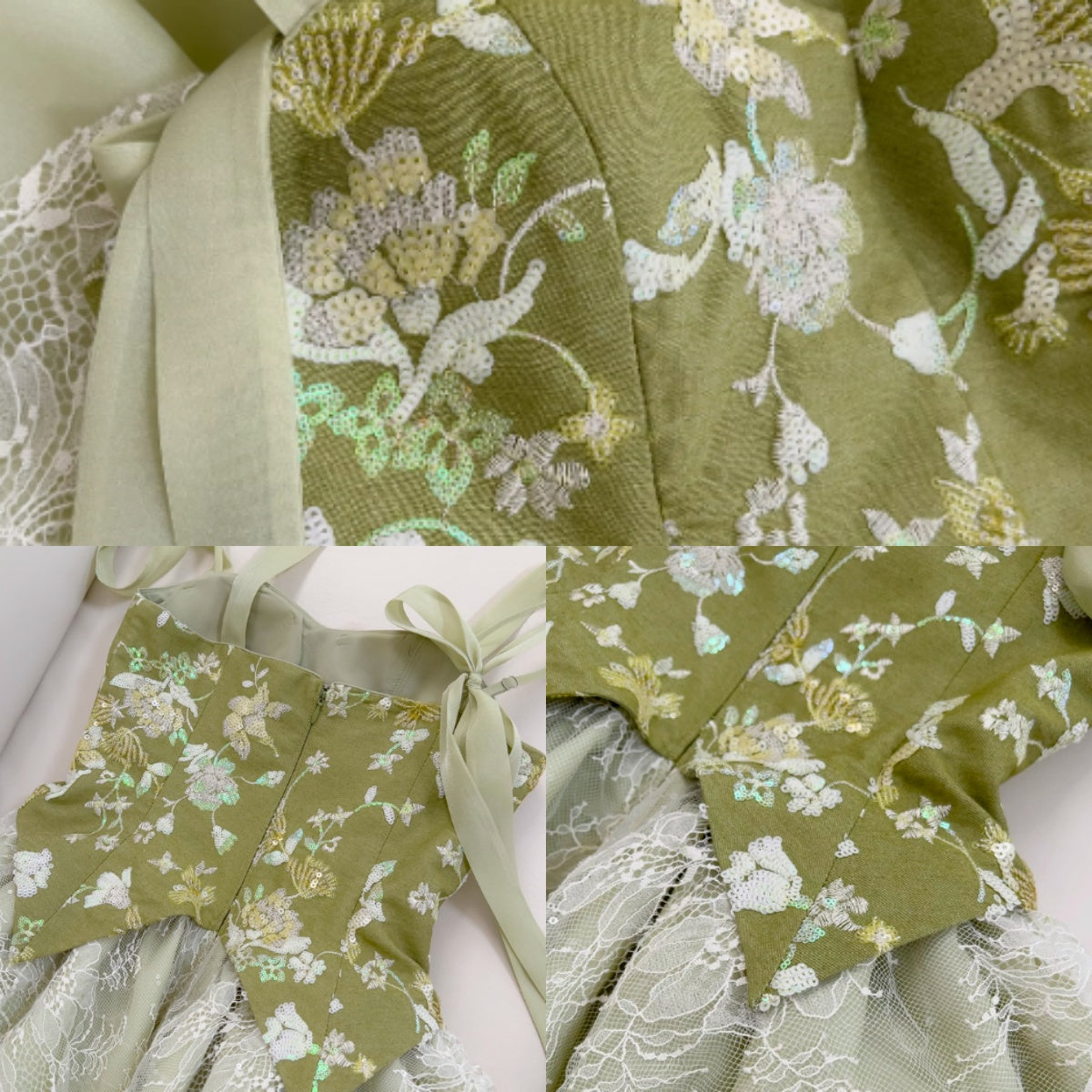 Robe de bal courte vert olive coupe trapèze en dentelle et paillettes, tenue de soirée ED01198