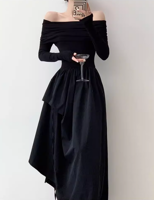 High-End-Nischendesign, einschultriges, tailliertes, schwarz-weißes, schlankes, langes Kleid im französischen Hepburn-Stil für Frauen ED0119