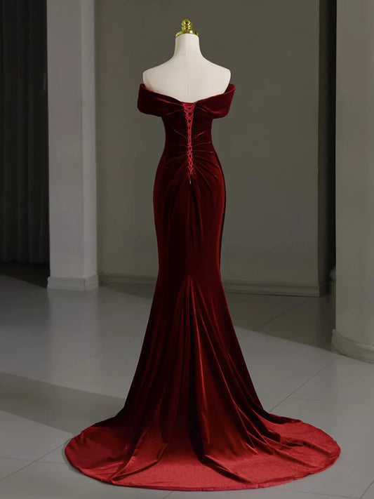 Mermaid Velvet Burgundy Long Prom Dress, Burgundy Long Formal Dress ED012