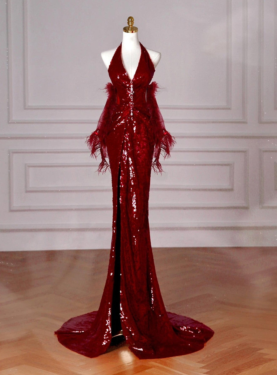 Burgundy Mermaid V-neck Sequins Long Prom Dress,Formal Prom Dress ED01203