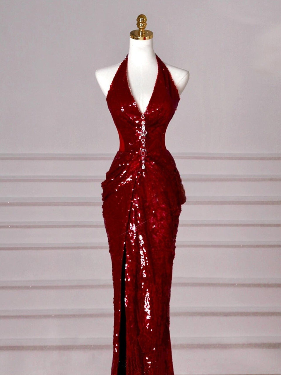 Burgundy Mermaid V-neck Sequins Long Prom Dress,Formal Prom Dress ED01203
