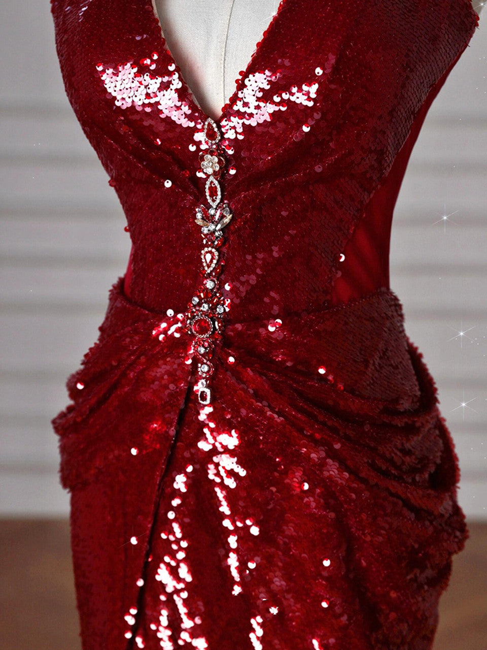Burgundy Mermaid V-neck Sequins Long Prom Dress,Formal Prom Dress ED01203