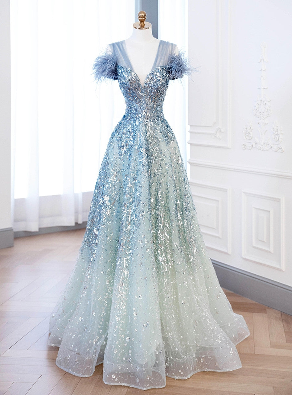 Robe de bal longue en tulle bleu à paillettes et col en V, coupe trapèze, robe de soirée bleue ED01206