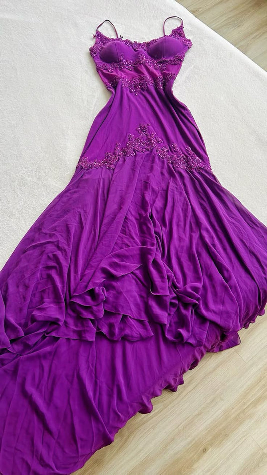 Vintage Grape Spaghetti Straps Sheath Chiffon Prom Dress With Beads ED01207