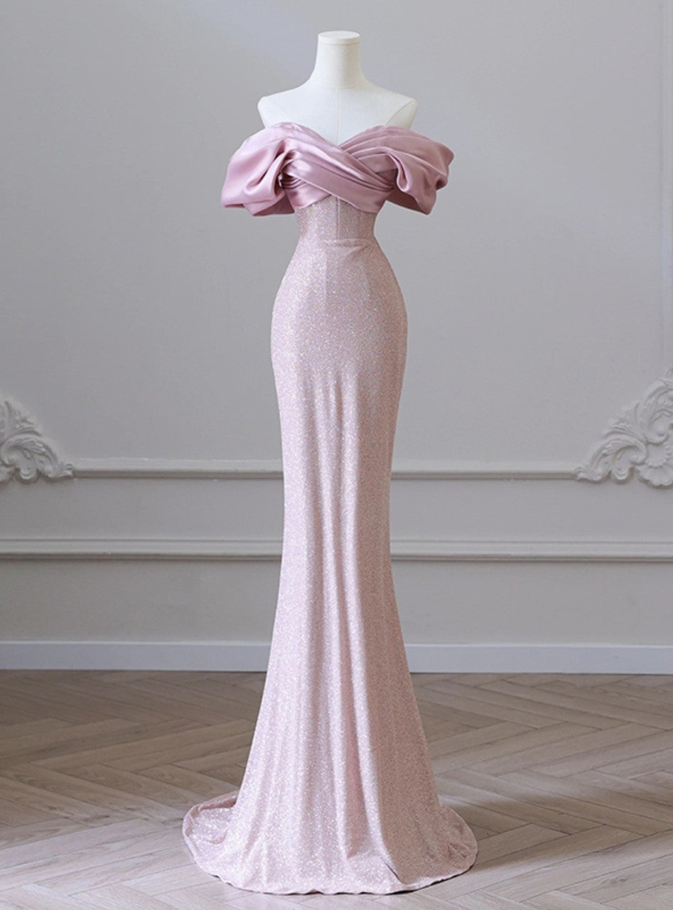 Pink Mermaid Off the Shoulder Long Prom Dress,Pink Formal Prom Dress ED01208