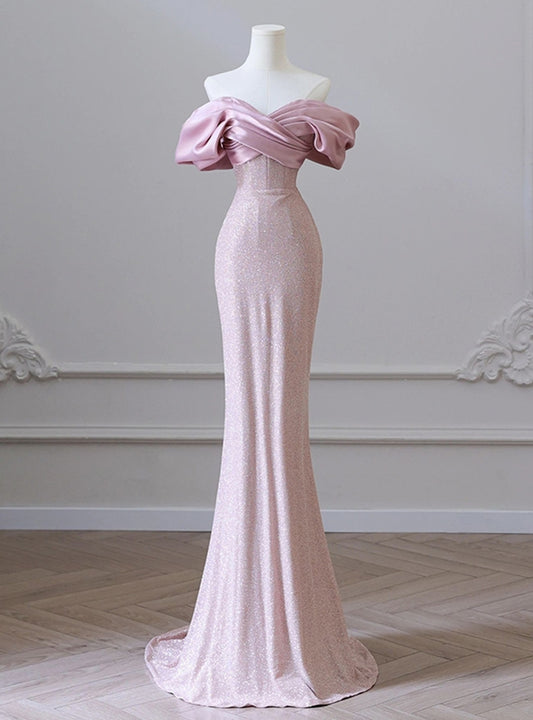 Pink Mermaid Off the Shoulder Long Prom Dress,Pink Formal  Prom Dress ED01208