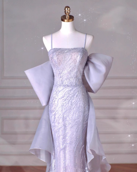 Lila Meerjungfrau Spaghettiträger Tüll Pailletten Langes Ballkleid, Formales Partykleid ED01210