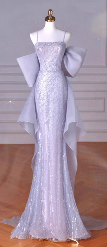 Lila Meerjungfrau Spaghettiträger Tüll Pailletten Langes Ballkleid, Formales Partykleid ED01210