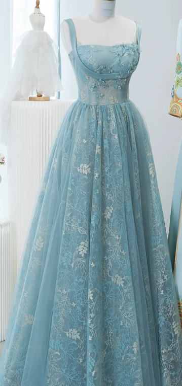 Chic Spaghetti Straps A-line Embroidery Satin Tulle Long Prom Dresses,Sweet 16 Dress With Appliqué ED01211