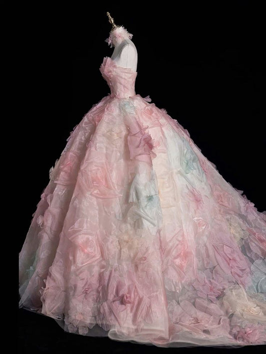 Pink A-line Strapless Tulle long prom dress, pink sweet formal dress ED01216