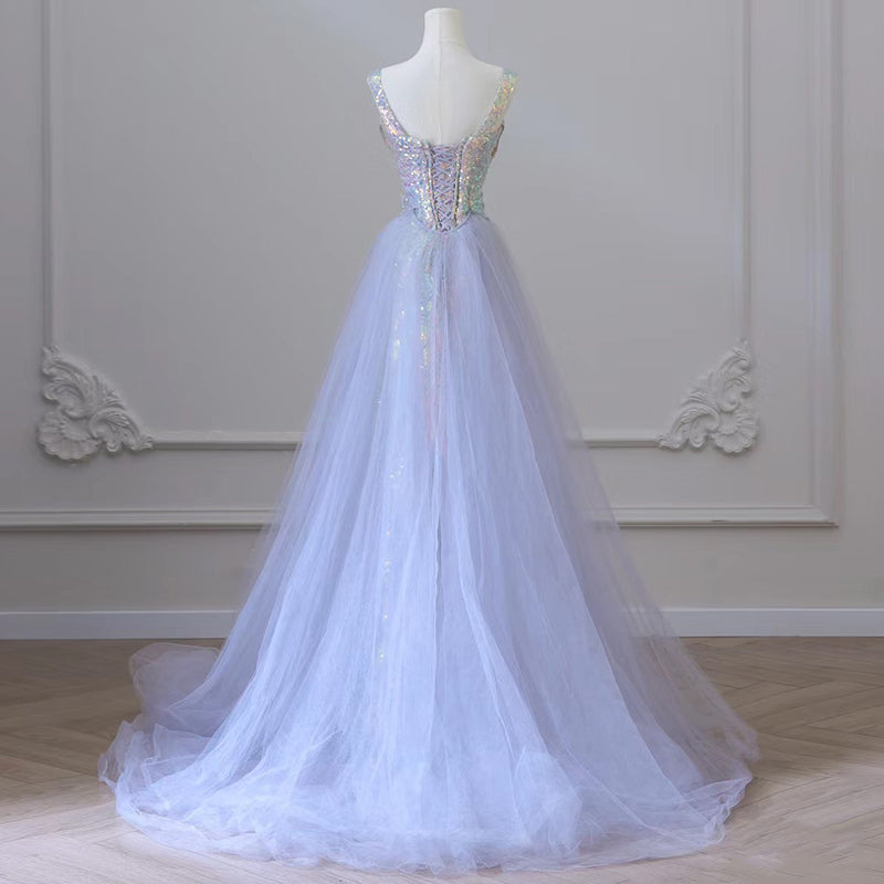 Elegant Mermaid Spaghetti Tulle Sequin Long Prom Dress, Blue Long Formal Dress ED01213