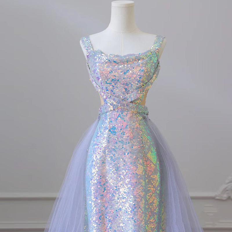 Elegant Mermaid Spaghetti Tulle Sequin Long Prom Dress, Blue Long Formal Dress ED01213