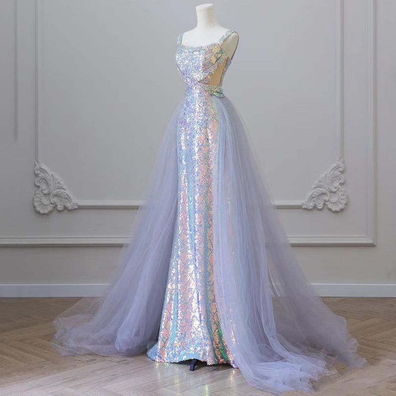 Elegant Mermaid Spaghetti Tulle Sequin Long Prom Dress, Blue Long Formal Dress ED01213
