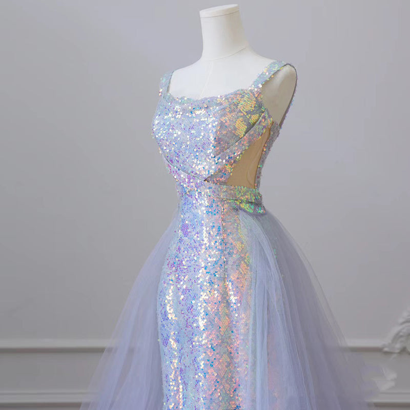 Elegant Mermaid Spaghetti Tulle Sequin Long Prom Dress, Blue Long Formal Dress ED01213