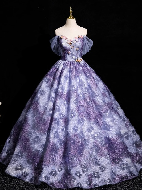 Lila elegantes A-Linien-Ballkleid mit schulterfreien Ärmeln, Lila langes Abendkleid ED01214