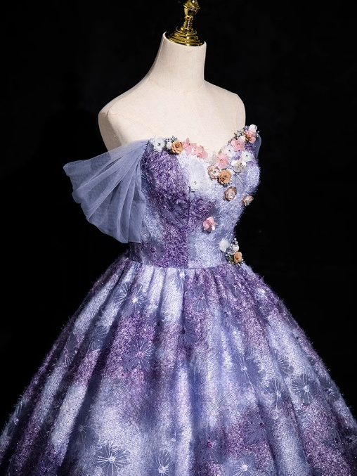 Lila elegantes A-Linien-Ballkleid mit schulterfreien Ärmeln, Lila langes Abendkleid ED01214