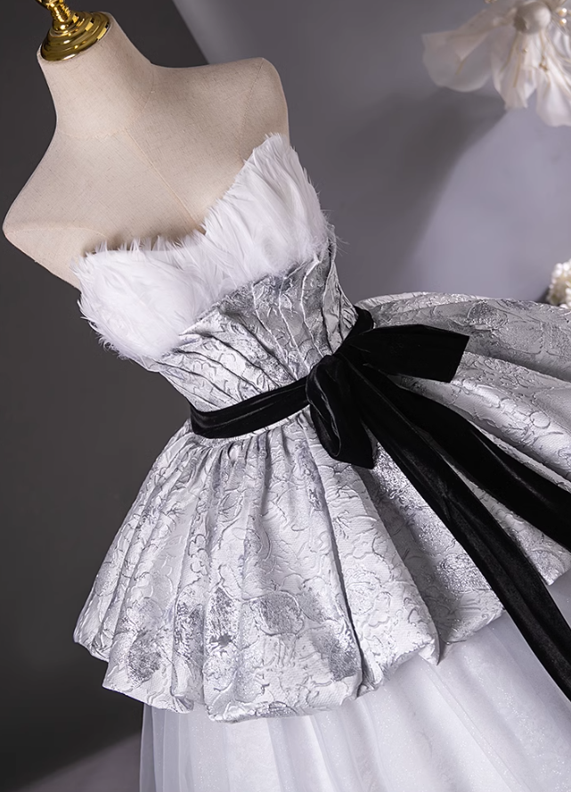 Silver Gray A-Line Sweetheart neck Long Satin Tulle Prom Dress, Silver Gray Formal Dress ED01217