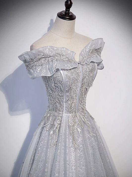 Gray A-line Off-Shoulder Tulle Sequins Long Prom  Dress,Formal Evening Dress ED01219