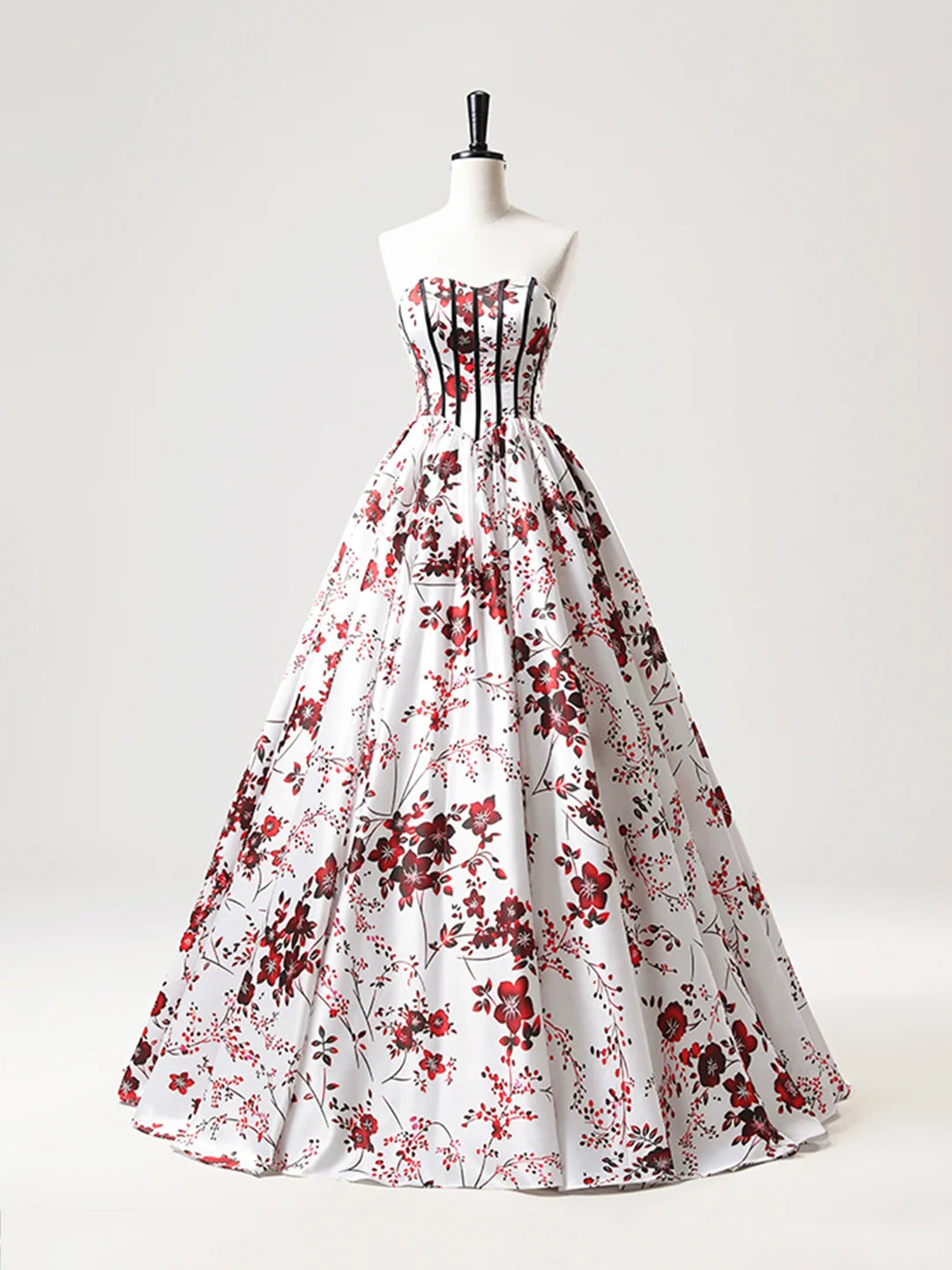 Robe de bal longue en satin blanc à fleurs, coupe trapèze, sans bretelles, décolleté en cœur, robe de soirée formelle ED01221