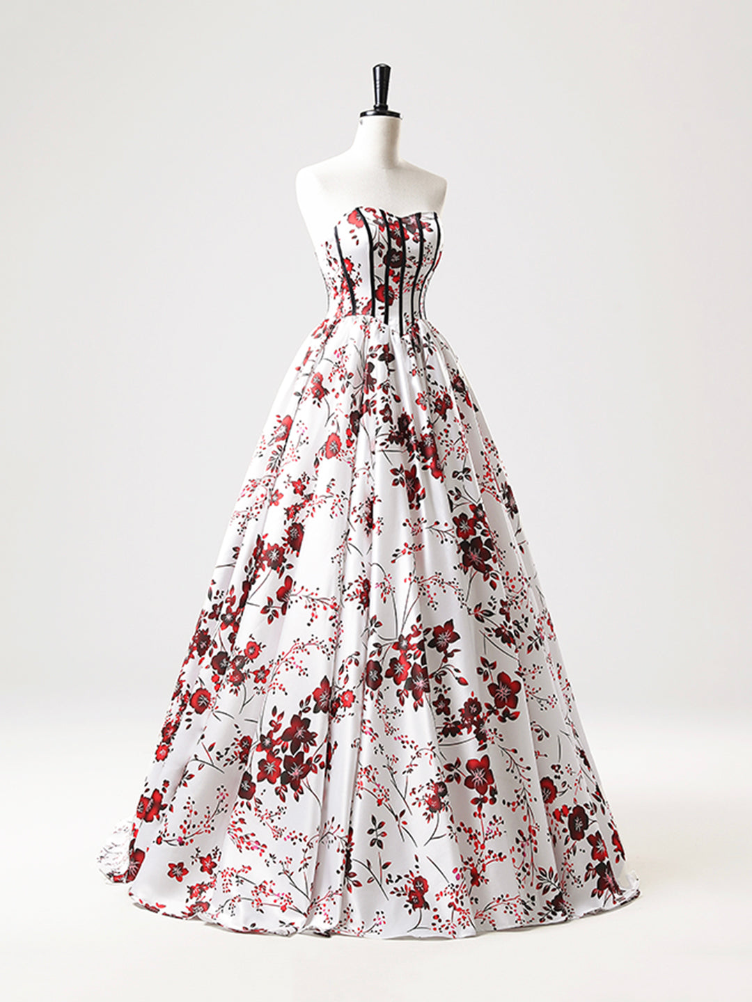Robe de bal longue en satin blanc à fleurs, coupe trapèze, sans bretelles, décolleté en cœur, robe de soirée formelle ED01221