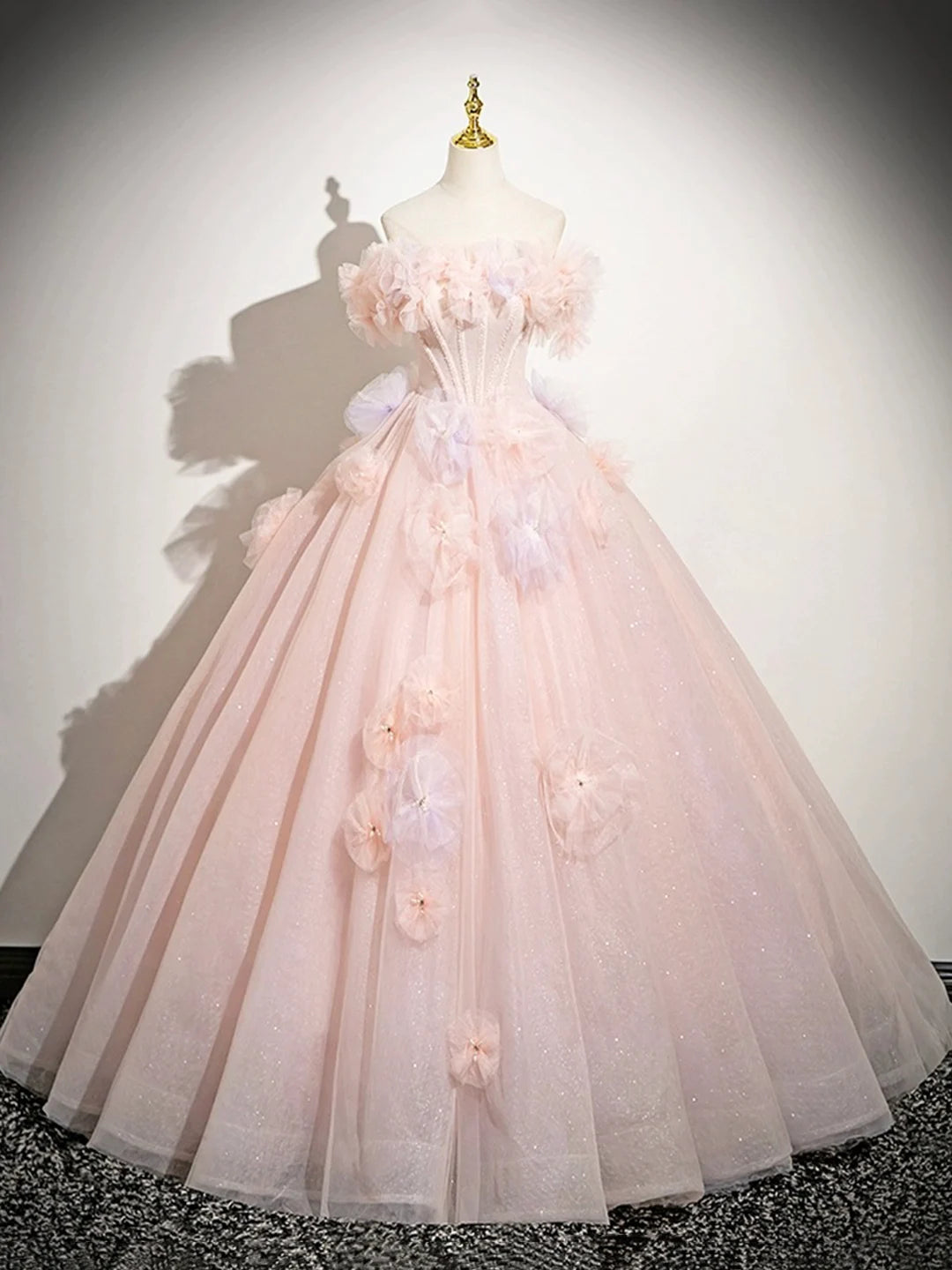 Robe de bal longue rose en tulle, coupe trapèze, épaules dénudées, ravissante robe de soirée pour les 16 ans de Sweet 16 ED01222