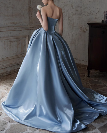 Blue A-line Strapless Satin Long Ball Dress, Blue Formal Dress ED01226