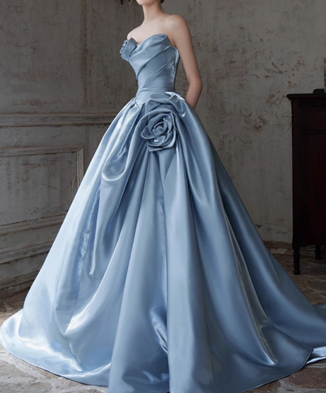 Blue A-line Strapless Satin Long Ball Dress, Blue Formal Dress ED01226