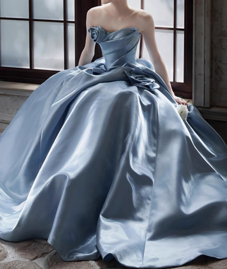 Blue A-line Strapless Satin Long Ball Dress, Blue Formal Dress ED01226