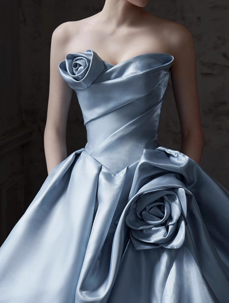 Blue A-line Strapless Satin Long Ball Dress, Blue Formal Dress ED01226
