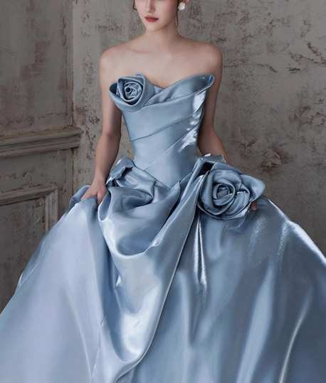 Blue A-line Strapless Satin Long Ball Dress, Blue Formal Dress ED01226