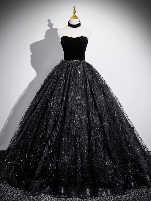 Robe de bal longue noire trapèze en velours, tulle et sequins, épaules dénudées, robe de soirée noire ED01227
