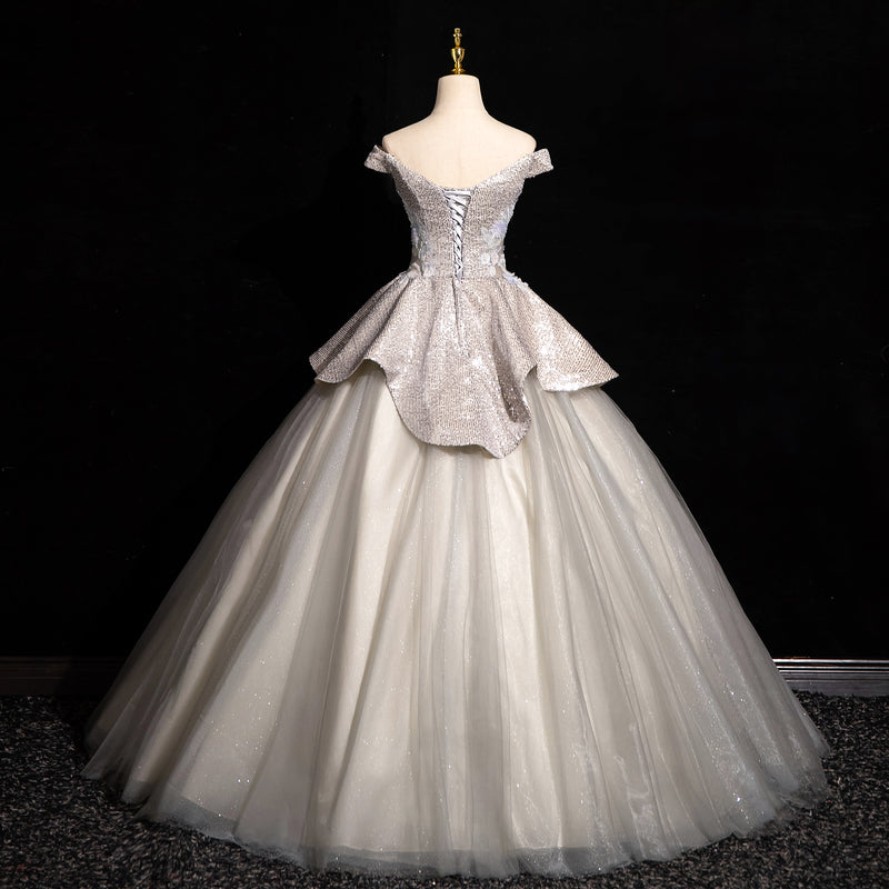Light Grey A-line Off-shoulder Neck Sequin Tulle Long Prom Dress, Elegant Formal Dress ED01231
