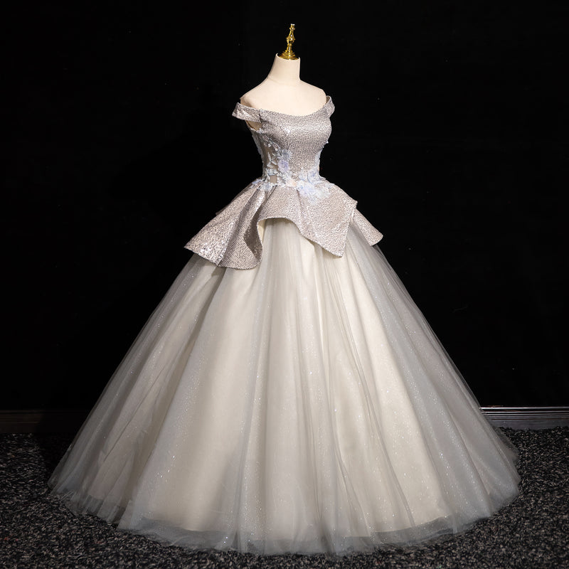 Light Grey A-line Off-shoulder Neck Sequin Tulle Long Prom Dress, Elegant Formal Dress ED01231