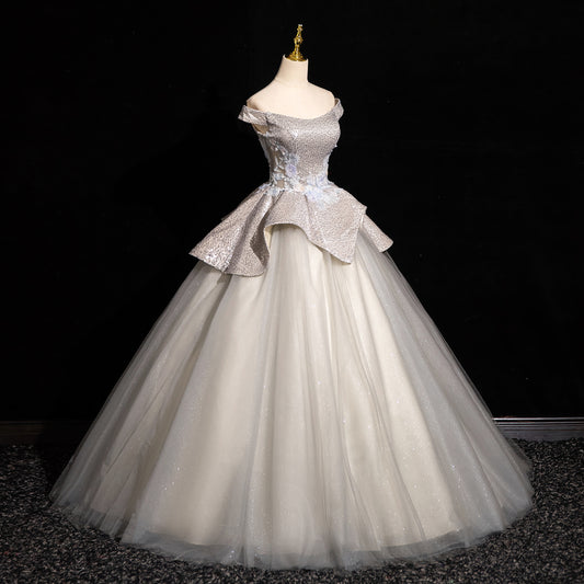 Hellgraues A-Linien-Ballkleid mit schulterfreiem Ausschnitt, Pailletten-Tüll, langes Ballkleid, elegantes Abendkleid ED01231