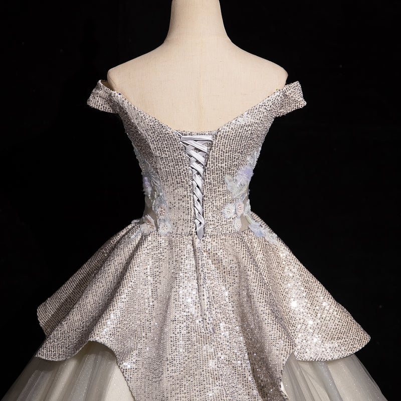 Light Grey A-line Off-shoulder Neck Sequin Tulle Long Prom Dress, Elegant Formal Dress ED01231