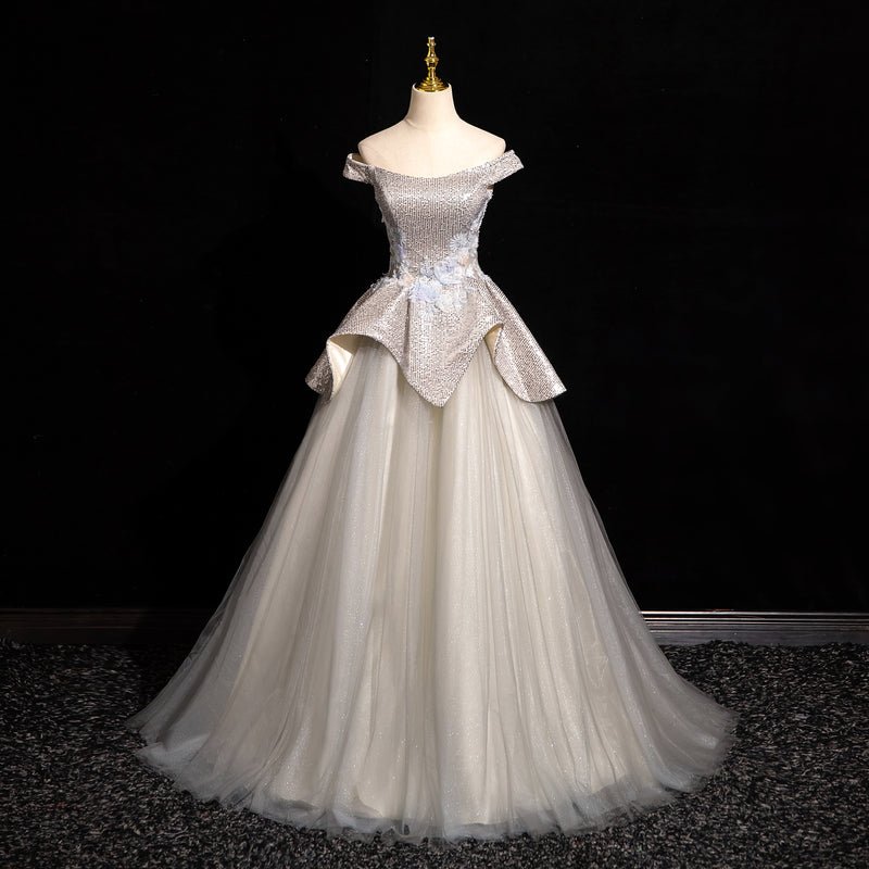 Light Grey A-line Off-shoulder Neck Sequin Tulle Long Prom Dress, Elegant Formal Dress ED01231