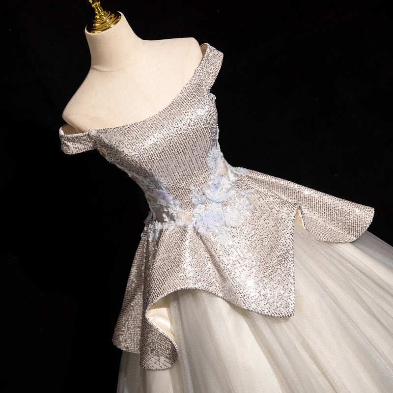 Light Grey A-line Off-shoulder Neck Sequin Tulle Long Prom Dress, Elegant Formal Dress ED01231