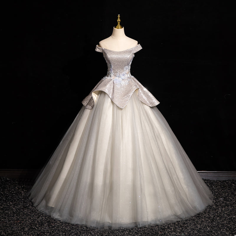 Light Grey A-line Off-shoulder Neck Sequin Tulle Long Prom Dress, Elegant Formal Dress ED01231