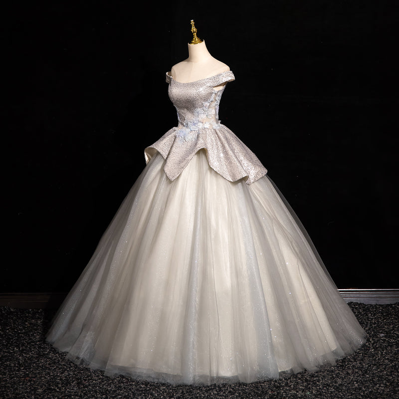 Light Grey A-line Off-shoulder Neck Sequin Tulle Long Prom Dress, Elegant Formal Dress ED01231