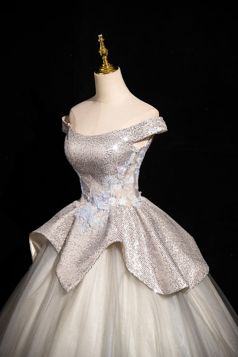 Light Grey A-line Off-shoulder Neck Sequin Tulle Long Prom Dress, Elegant Formal Dress ED01231