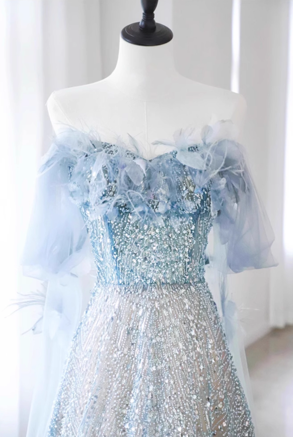Robe de bal longue en tulle à sequins, coupe trapèze, épaules dénudées, bleue, ED01237