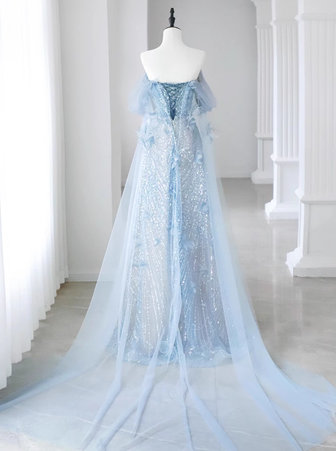 Robe de bal longue en tulle à sequins, coupe trapèze, épaules dénudées, bleue, ED01237